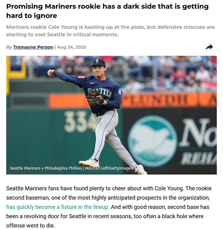Cole Young’s bat shines, but Mariners’ defense takes a hit