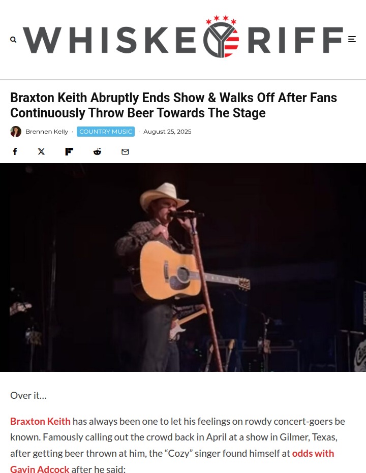 Braxton Keith storms off after beer chaos at Ardmore show