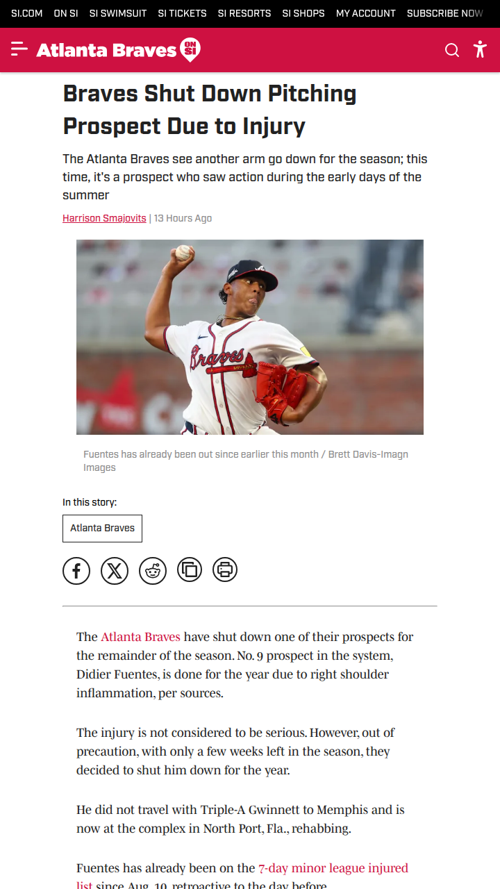 Braves prospect Fuentes’ season cut short by injury