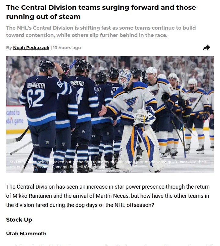 Avalanche Aging, Mammoth Rising: Central Division Shifts