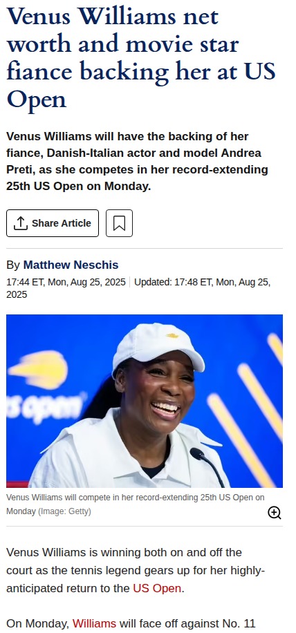 Venus Williams’ US Open Comeback: Fiancé in Her Corner