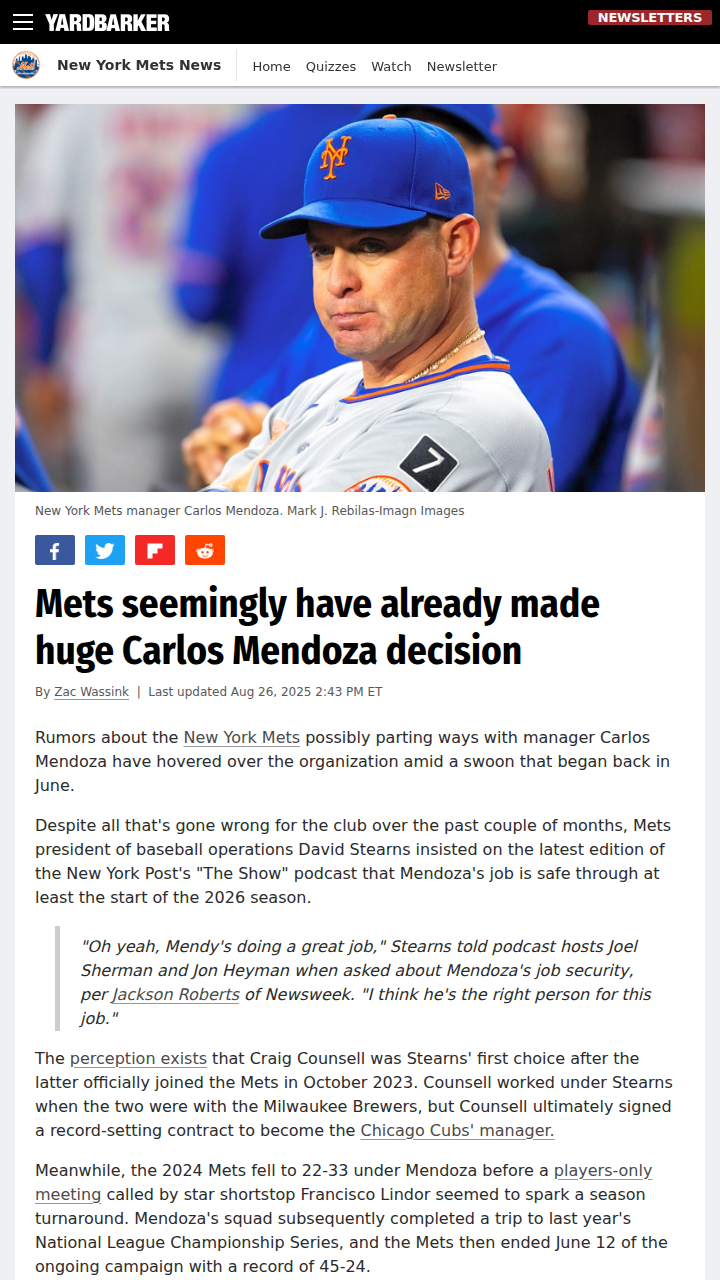 Mets stick with Mendoza despite rollercoaster season