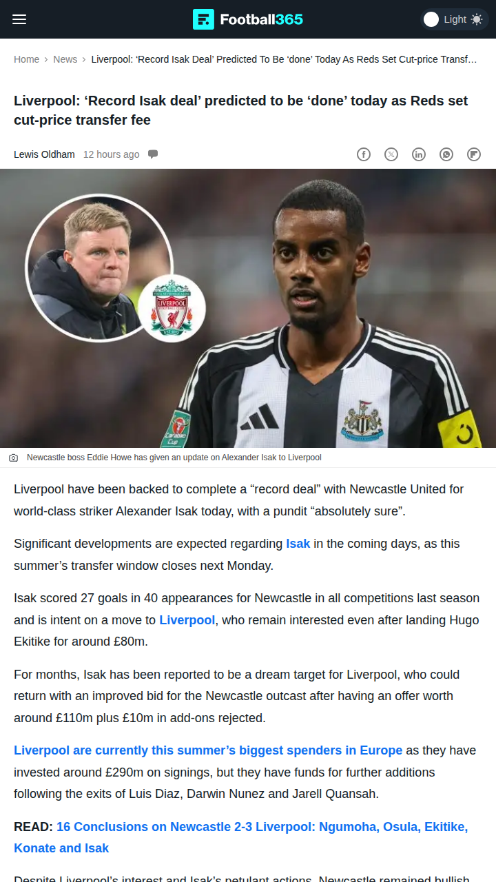Liverpool vs Newcastle: Isak Record Deal Looms