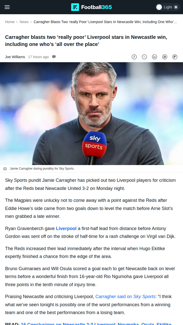 Carragher Slams Salah & Konate After Newcastle Thriller