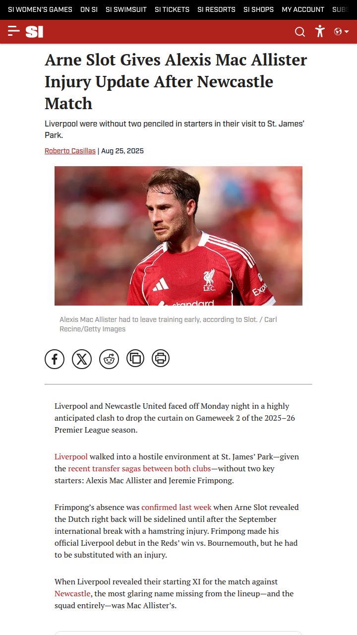 Mac Allister Missing in Newcastle vs Liverpool