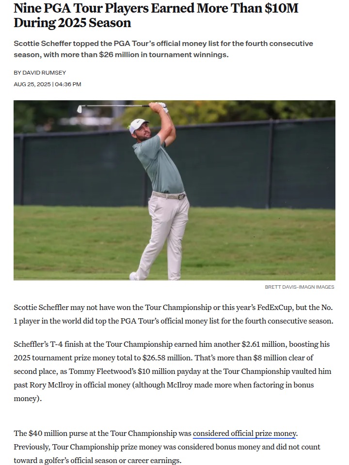 Scheffler Tops Tour Championship Money List Again