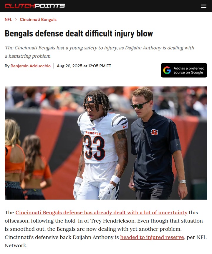 Bengals defense hit with key injury setback