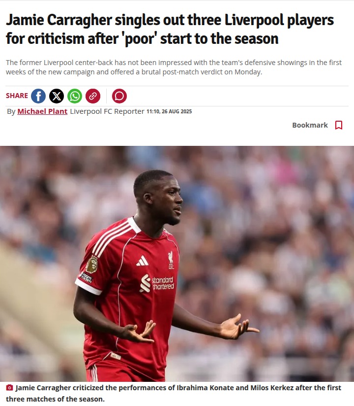 Carragher Calls Out Reds’ Defensive Woes