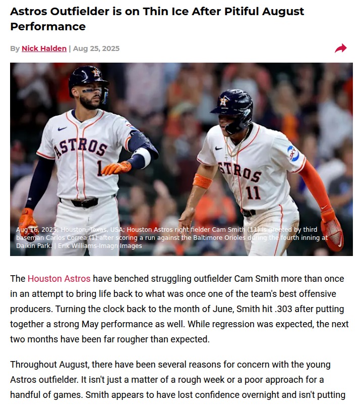 Astros’ outfield shakeup: Cam Smith benched