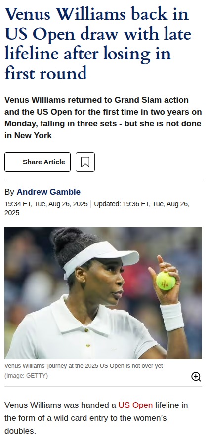 Venus Williams Gets US Open Doubles Lifeline