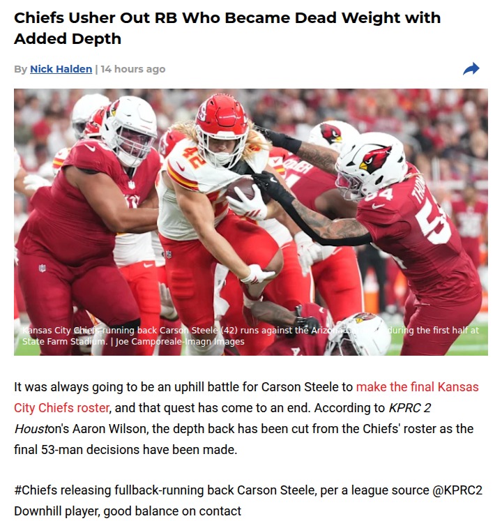 Chiefs shake up RB lineup: Steele out, youth in