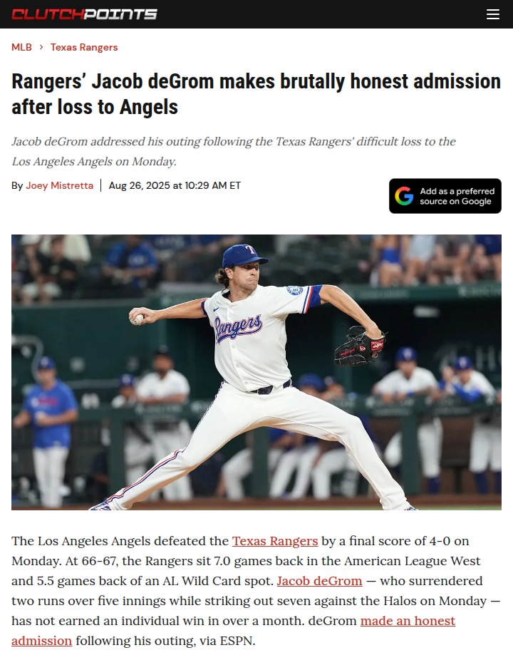 Rangers fall to Angels as deGrom gets real about struggles