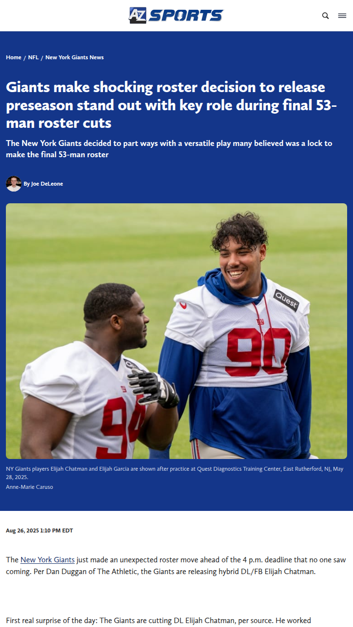 Giants cut preseason standout Elijah Chatman