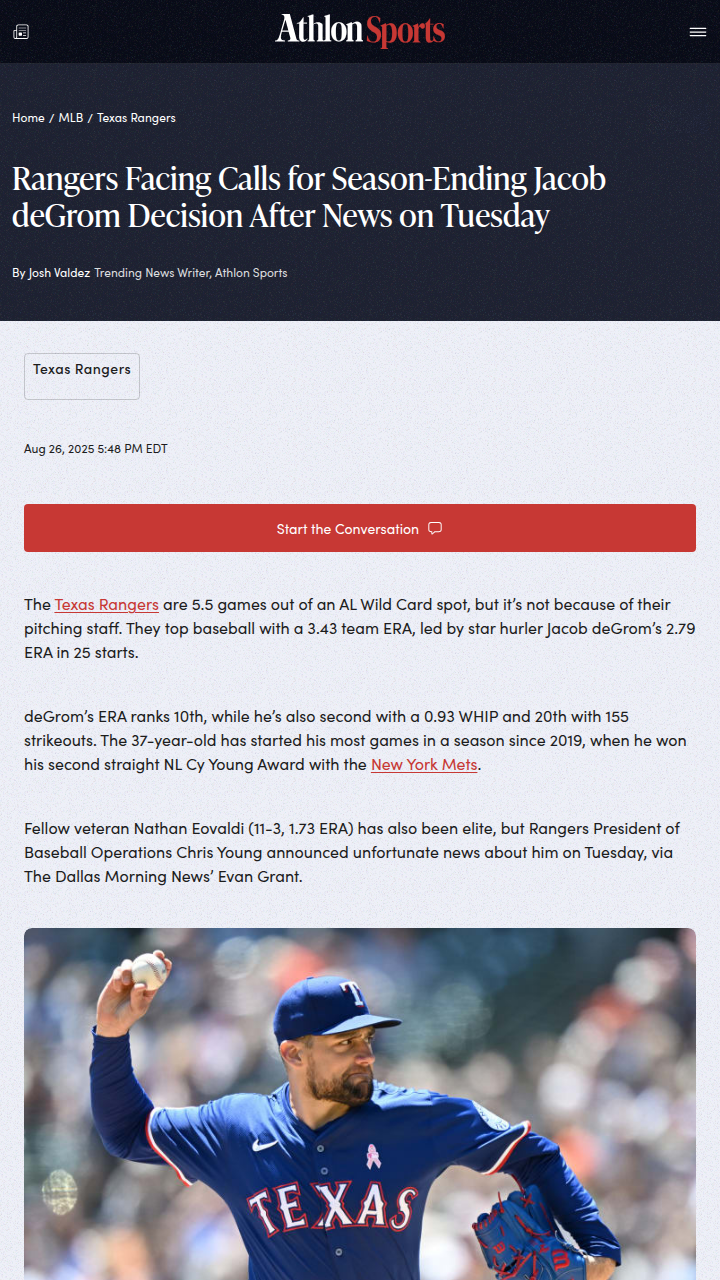 Rangers fans debate shutting down deGrom