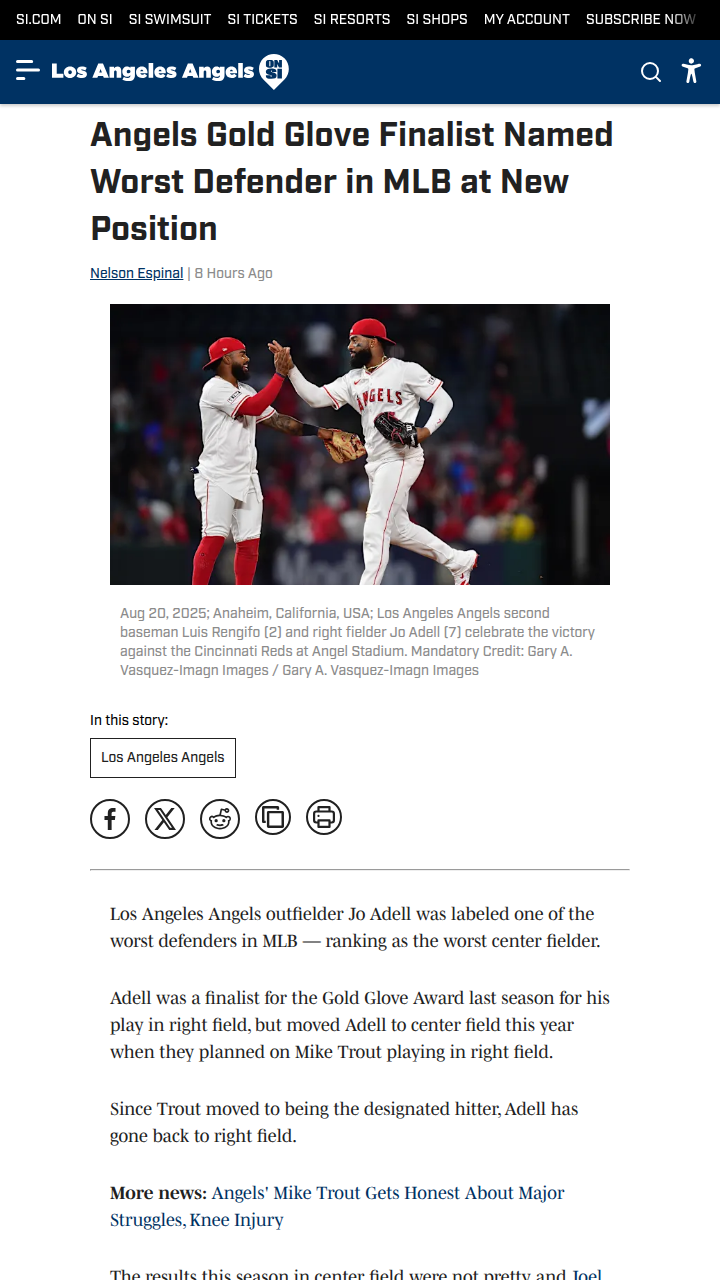 Angels’ Gold Glove finalist struggles in center field