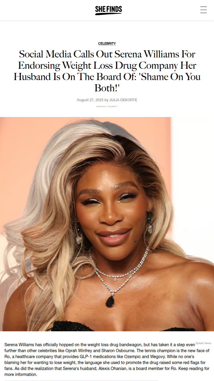 Serena Williams Faces Backlash Over Ro Endorsement
