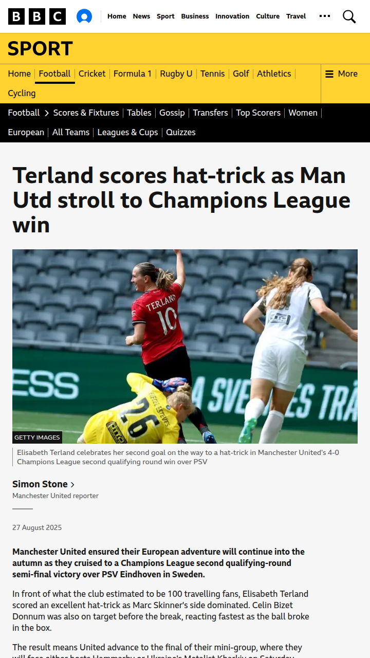 Terland Hat-Trick Powers Man Utd in UCL