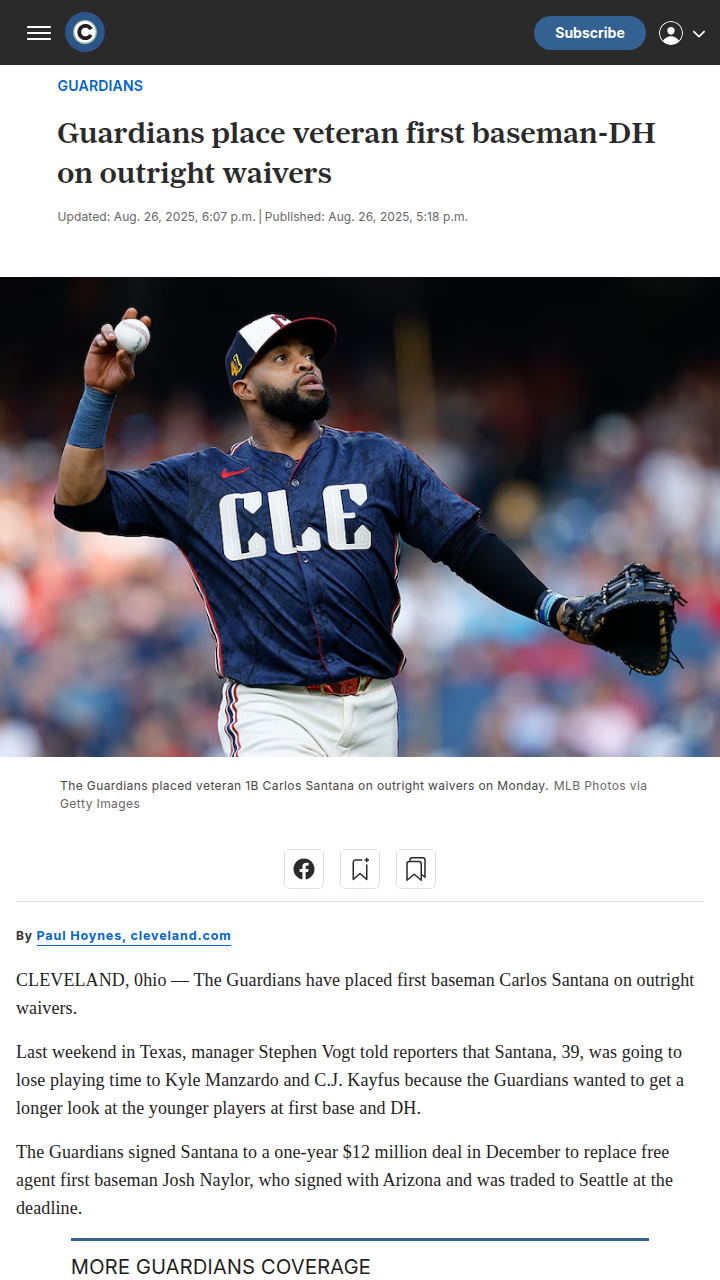 Guardians shake up: Santana on waivers
