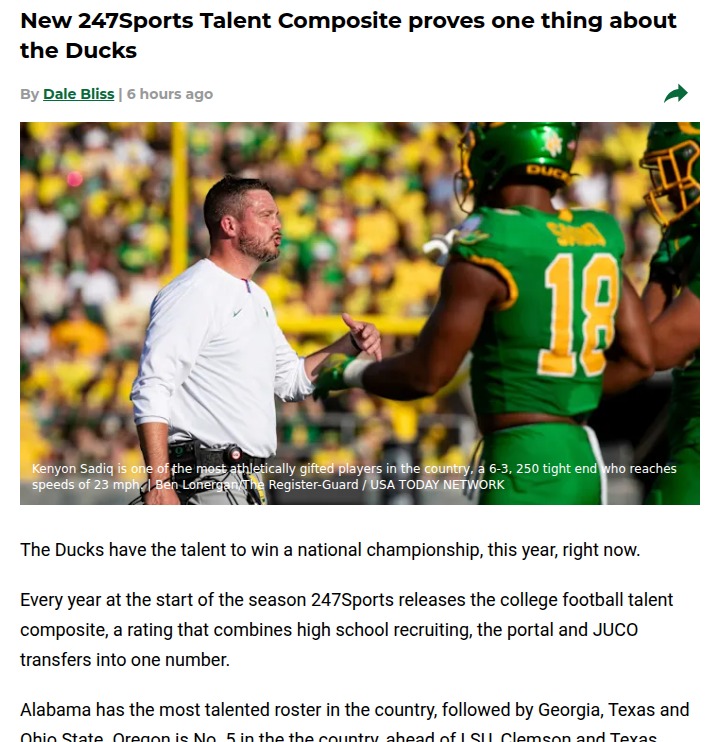Ducks Crack Top 5 in 247Sports Talent Rankings!