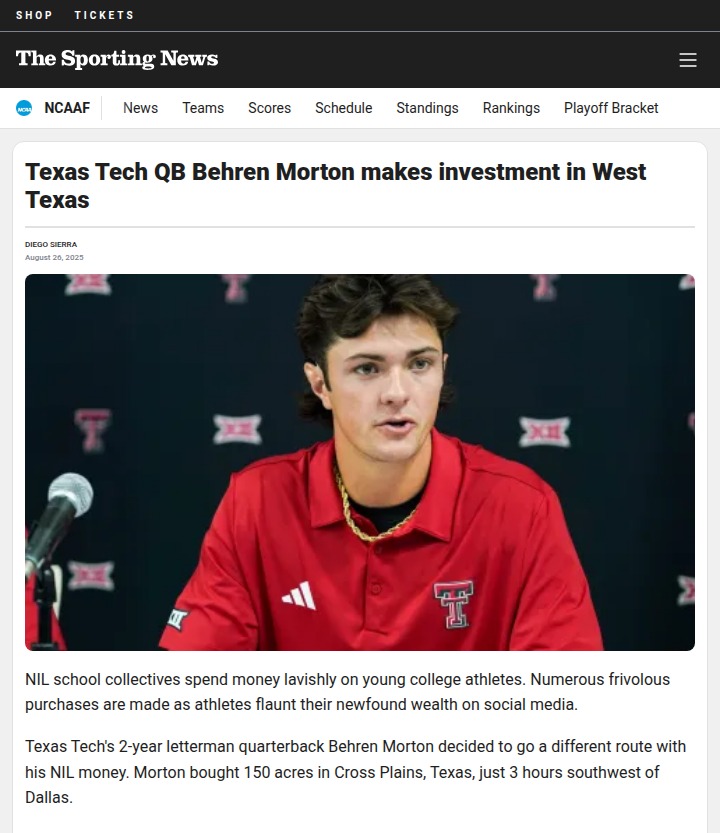 Texas Tech QB turns NIL cash into land investment