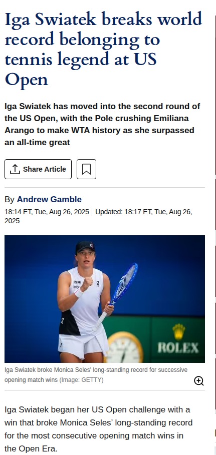 Swiatek Breaks Seles’ US Open Streak Record!