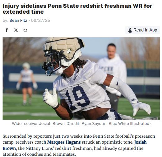 Penn State WR Josiah Brown faces another tough setback