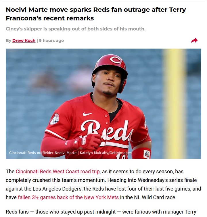 Reds fans fume over Marte’s outfield debut vs Dodgers