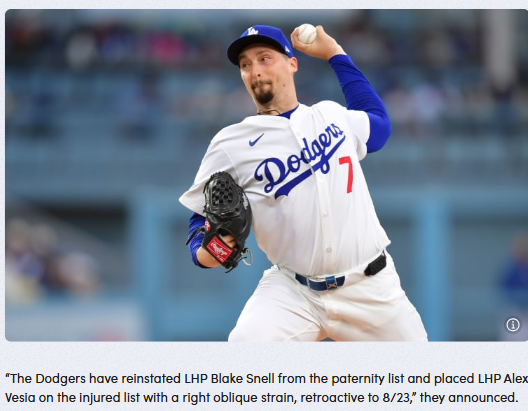Dodgers vs Padres: Snell Returns, Vesia Out