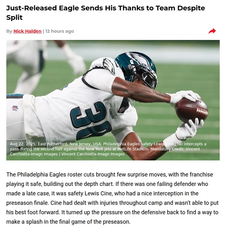 Eagles cut Lewis Cine, but his story isn’t over