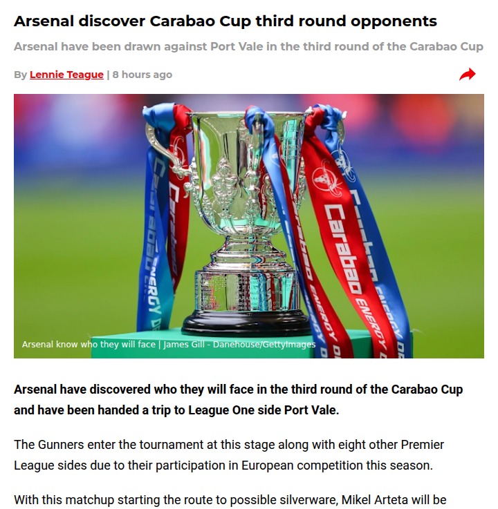 Gunners Draw Port Vale in Carabao Cup Clash