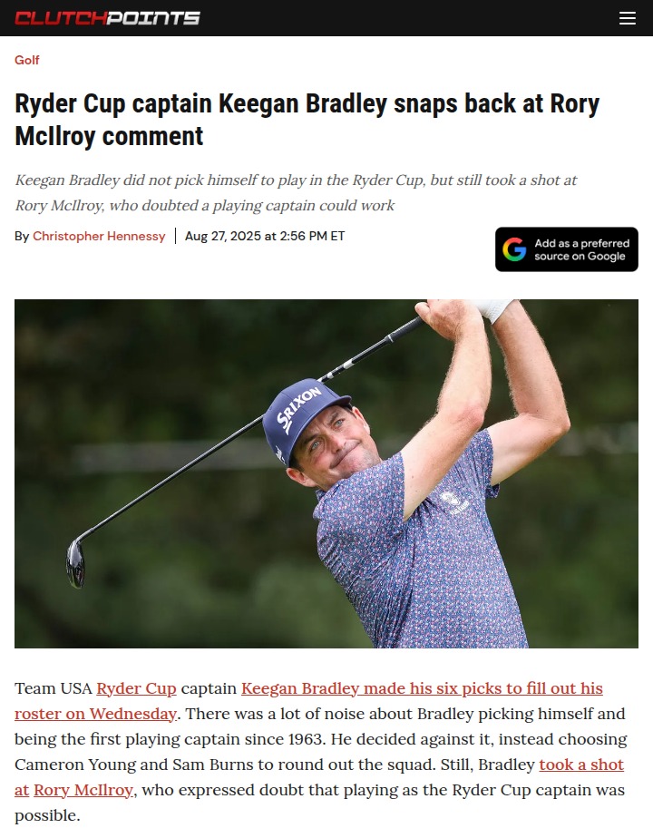 Ryder Cup Picks: Bradley Fires Back at Rory