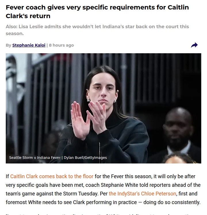 Fever sets tough bar for Caitlin Clark's return
