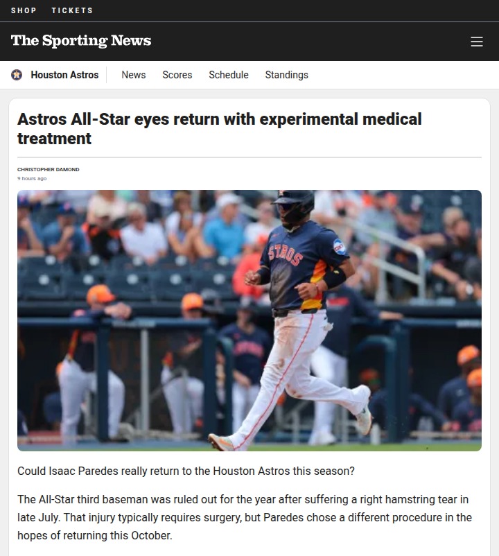 Astros’ Isaac Paredes bets on PRP for comeback