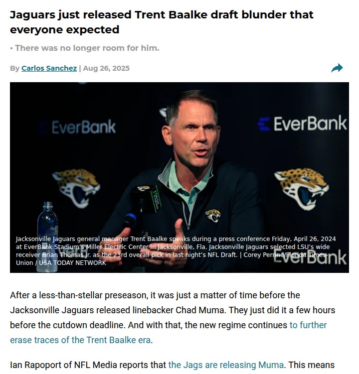 Jaguars shake up roster, move on from Baalke pick