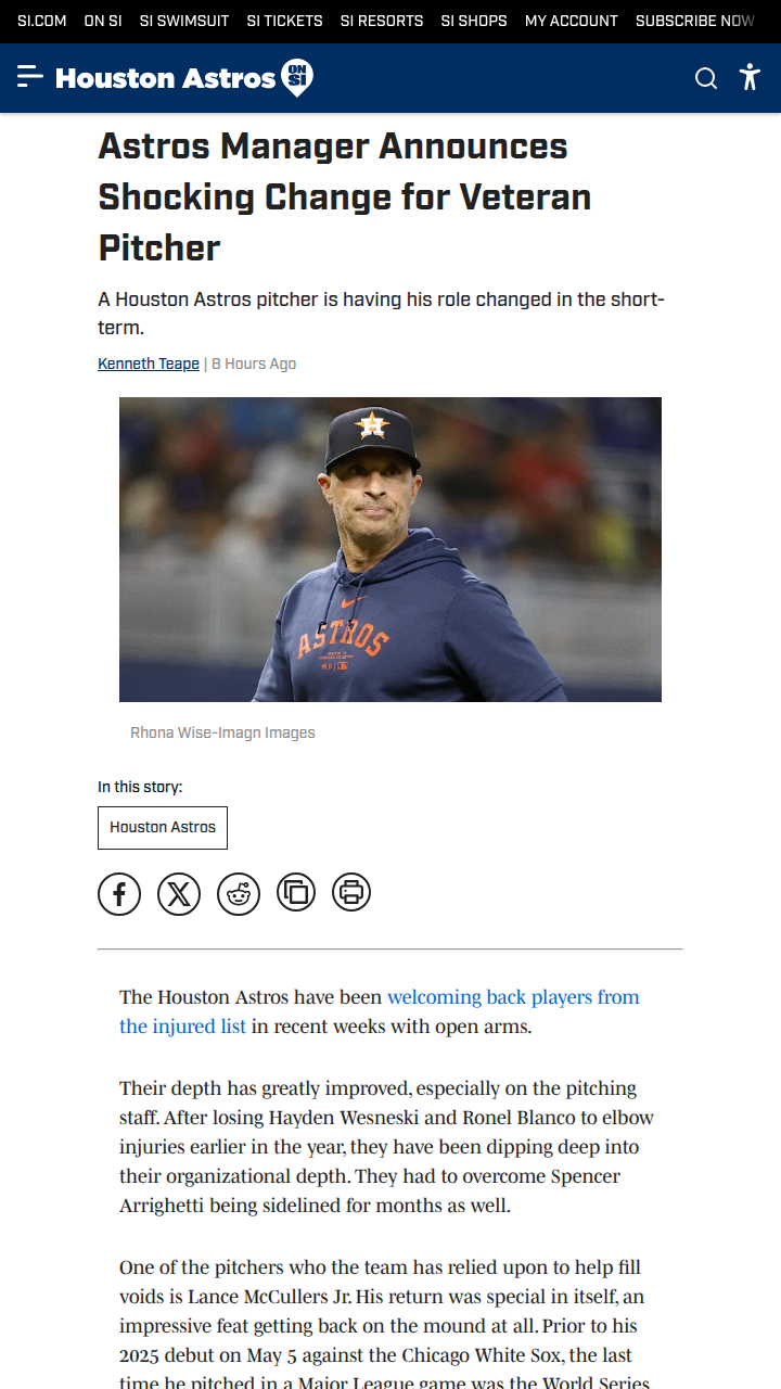 Astros shake up pitching: McCullers Jr. to bullpen