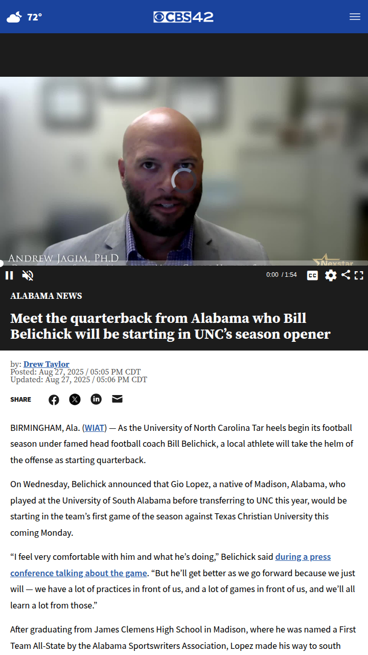 Bill Belichick picks Alabama QB for UNC debut