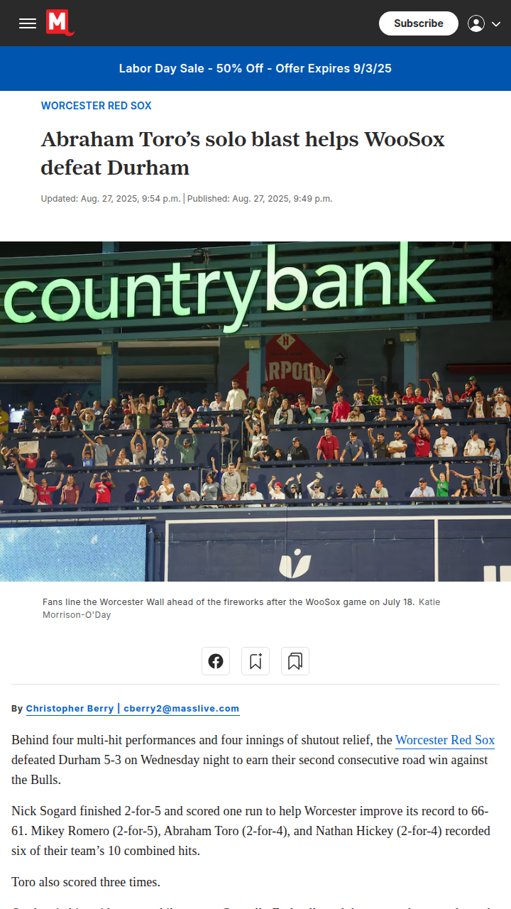Toro’s homer lifts WooSox over Durham