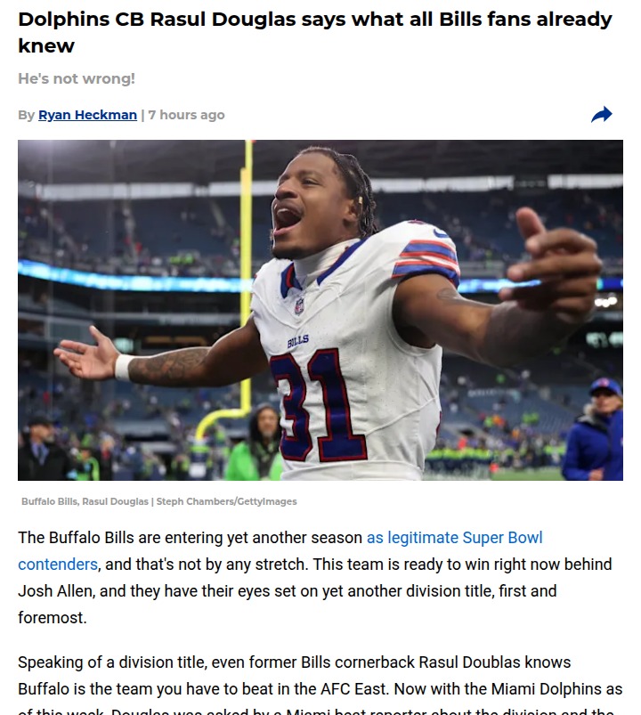 Dolphins’ Rasul Douglas Admits Bills Rule AFC East
