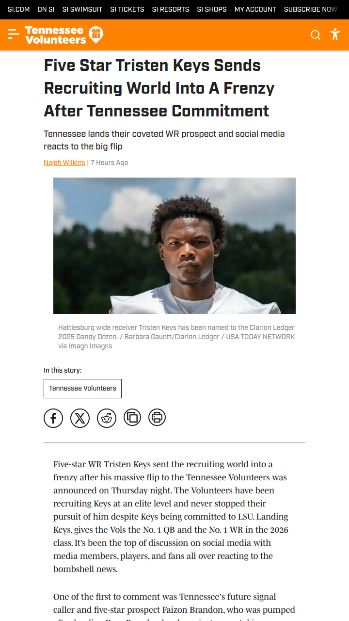 Vols Land Five-Star WR Tristen Keys!