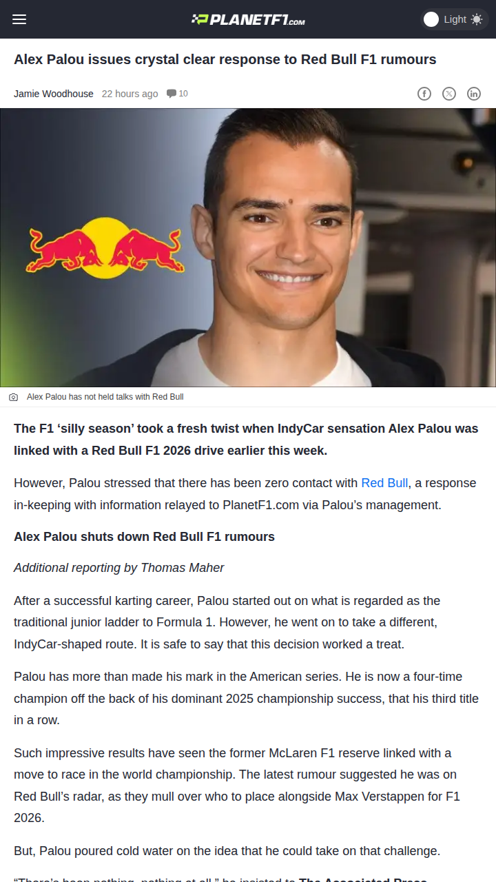 Palou Shuts Down Red Bull F1 Buzz