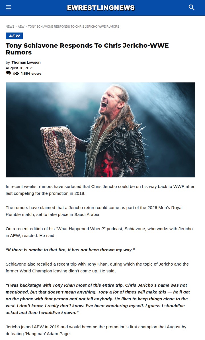 Y2J WWE Comeback? Schiavone Sets the Record Straight