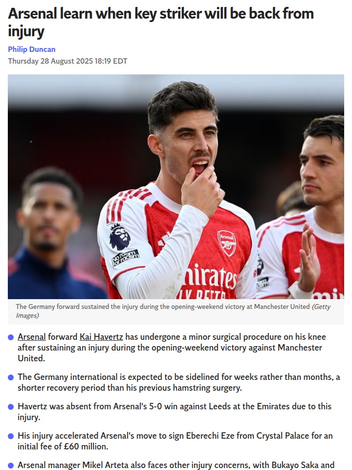 Havertz Out: Gunners’ Attack Faces Big Test