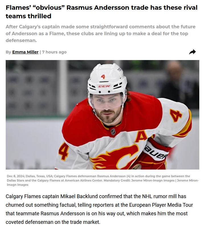 Andersson Watch: Which Rival Lands the Flames’ Top D-Man?