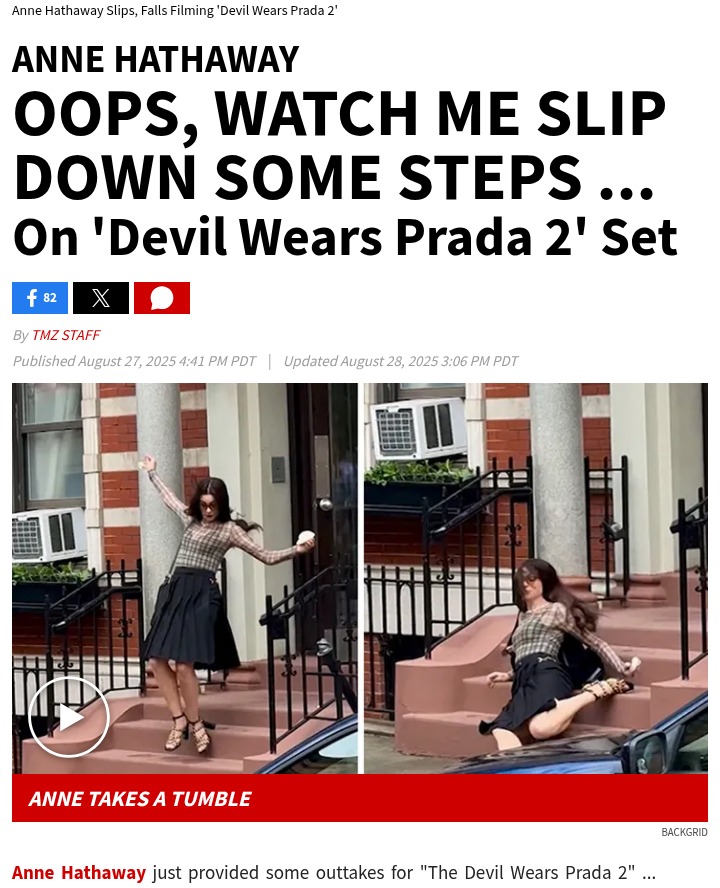 Anne Hathaway’s hilarious fall on NYC set