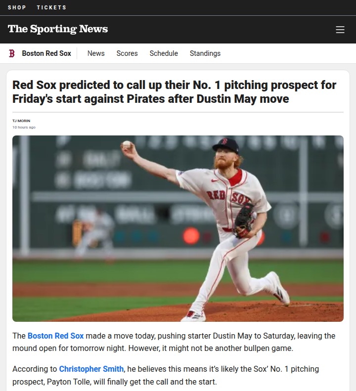 Payton Tolle set for Red Sox debut at Fenway