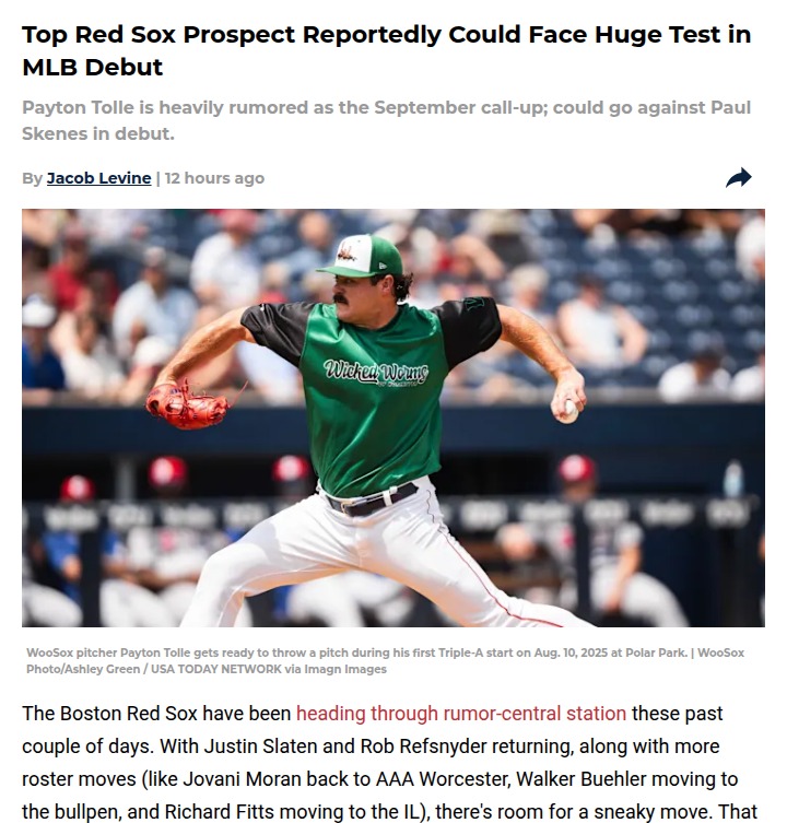 Payton Tolle could get a Red Sox debut vs Skenes