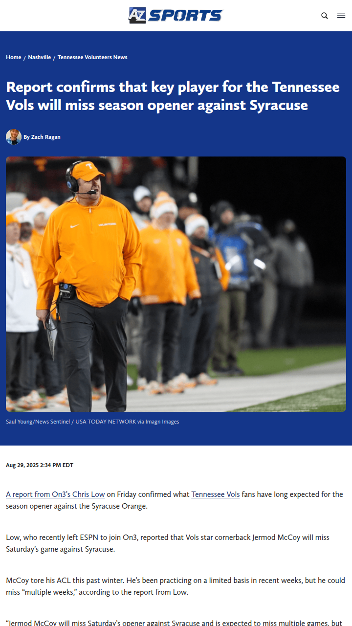 Tennessee Vols star Jermod McCoy sidelined