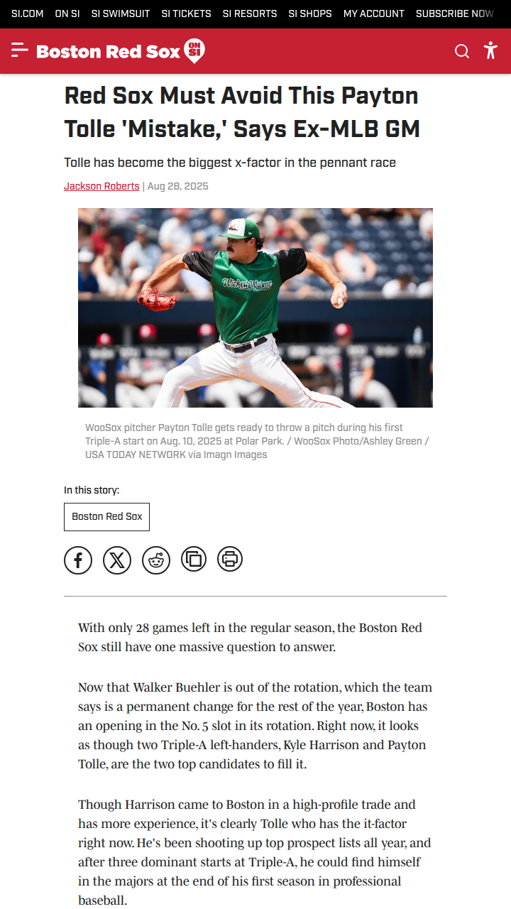 Red Sox urged to start Payton Tolle now