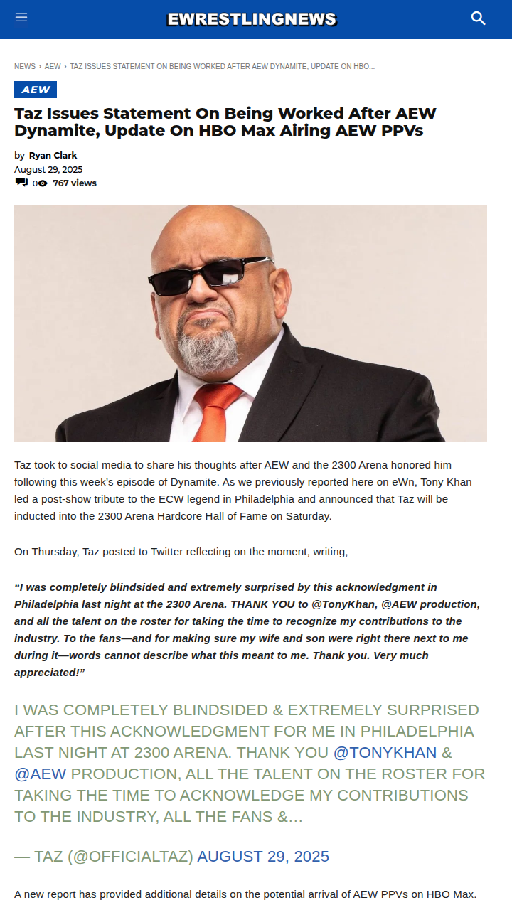 Taz Gets Hardcore Hall of Fame Nod in Philly!