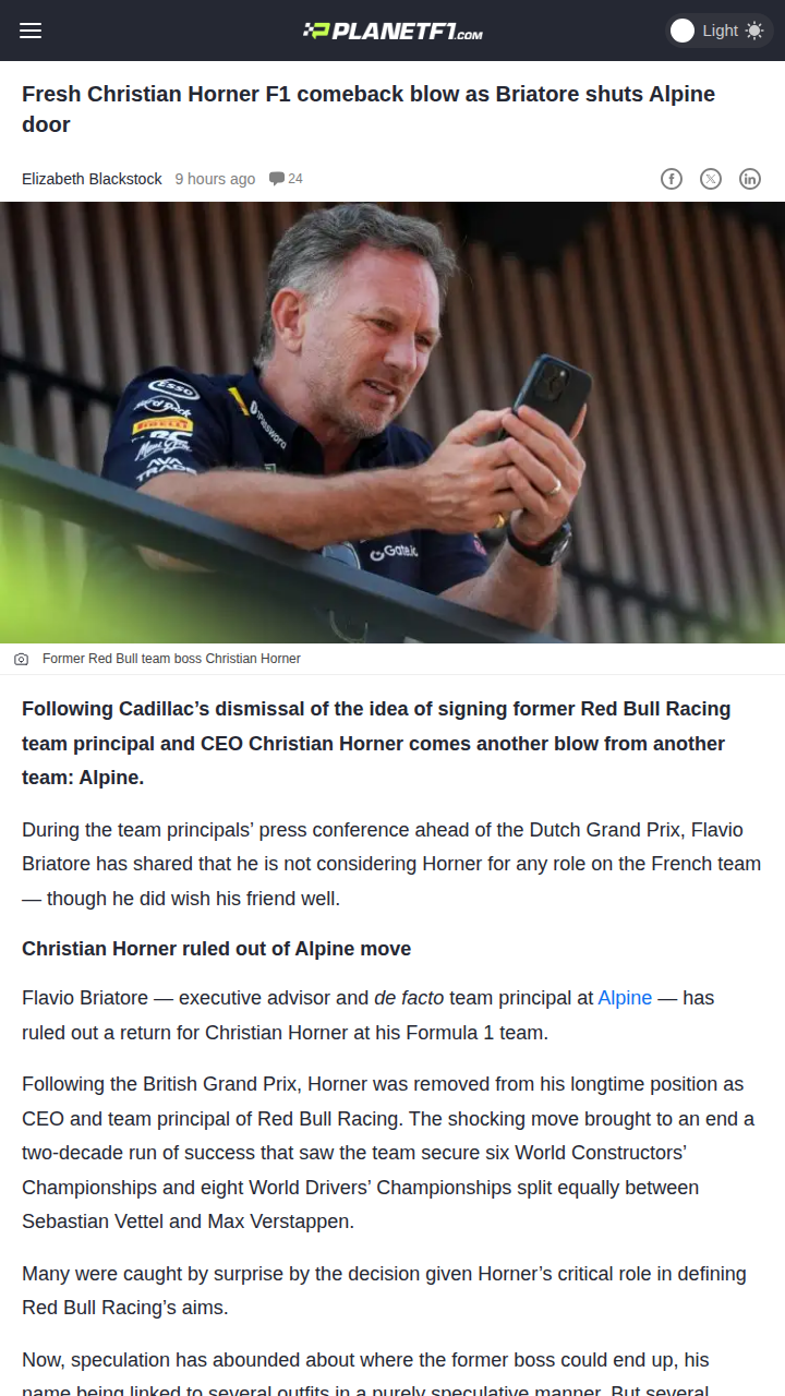 Horner’s F1 Return Hits Another Wall at Alpine